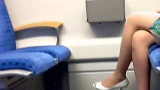 Hot nylon legs with peep toe heels in train