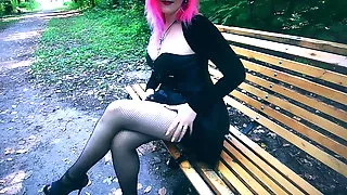 Goth girl in corset and heels risky public facial cum