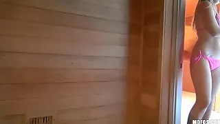 Blonde bombshell with natural-tits masturbates in the sauna